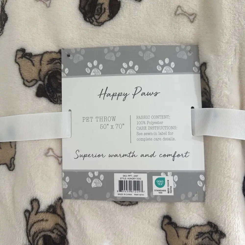 PUG “HUNGRY DOGS” 50x70” Plush Pet Throw Blanket Dog Blush Neutral Pugs NEW